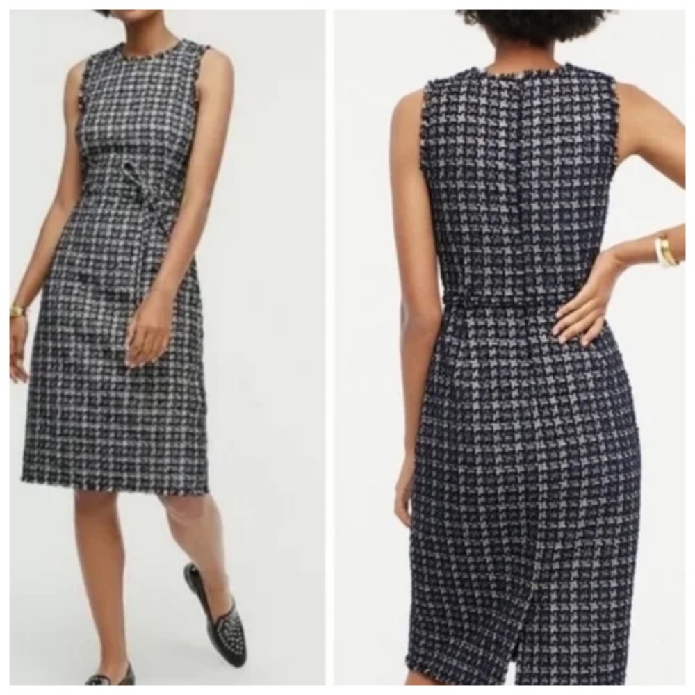 J. Crew Textured Houndstooth Tweed Sheath Dress in White & Navy Blue